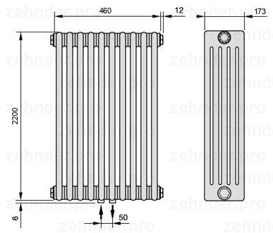 Схема (чертеж) Радиатор Zehnder Charleston 5220/10 №3470 Белый глянцевый RAL 9016